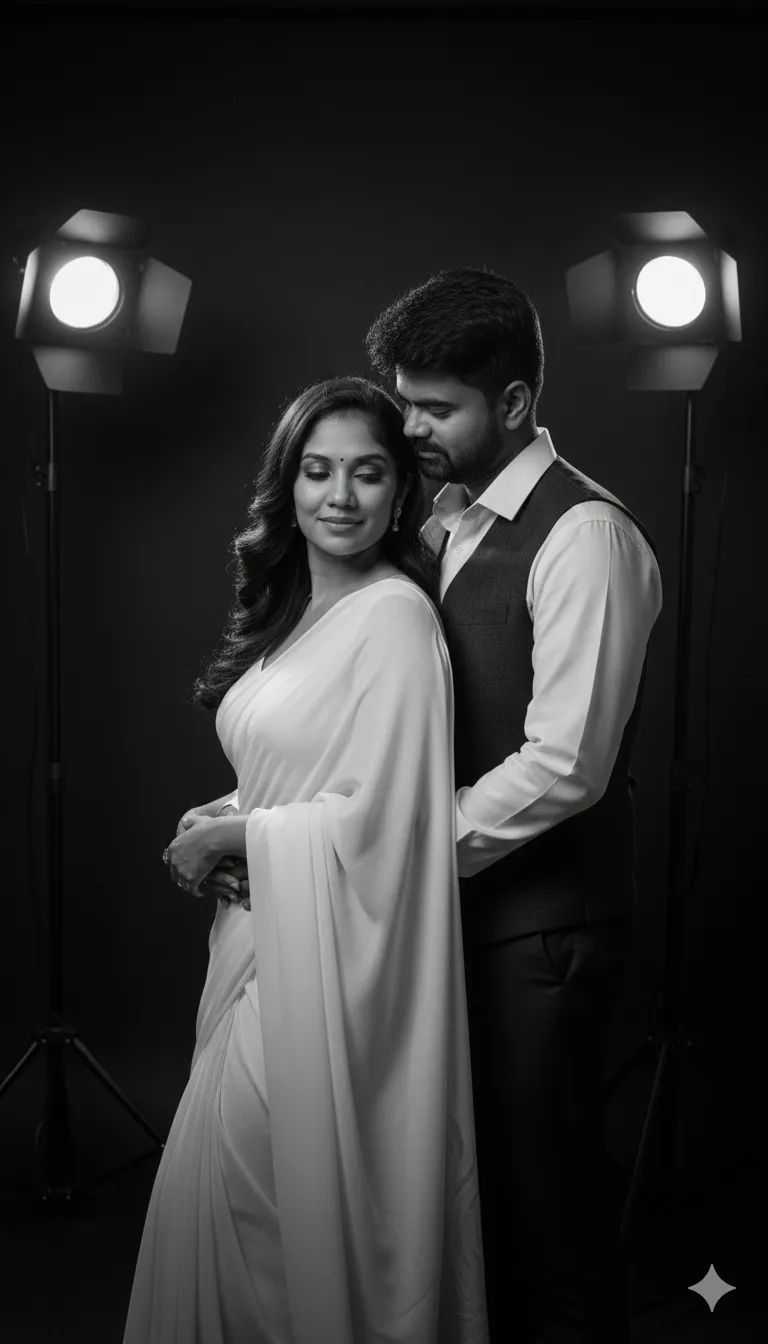 Ultra-Realistic B&amp;W Studio Couple Portrait - Nano Banana AI Prompt