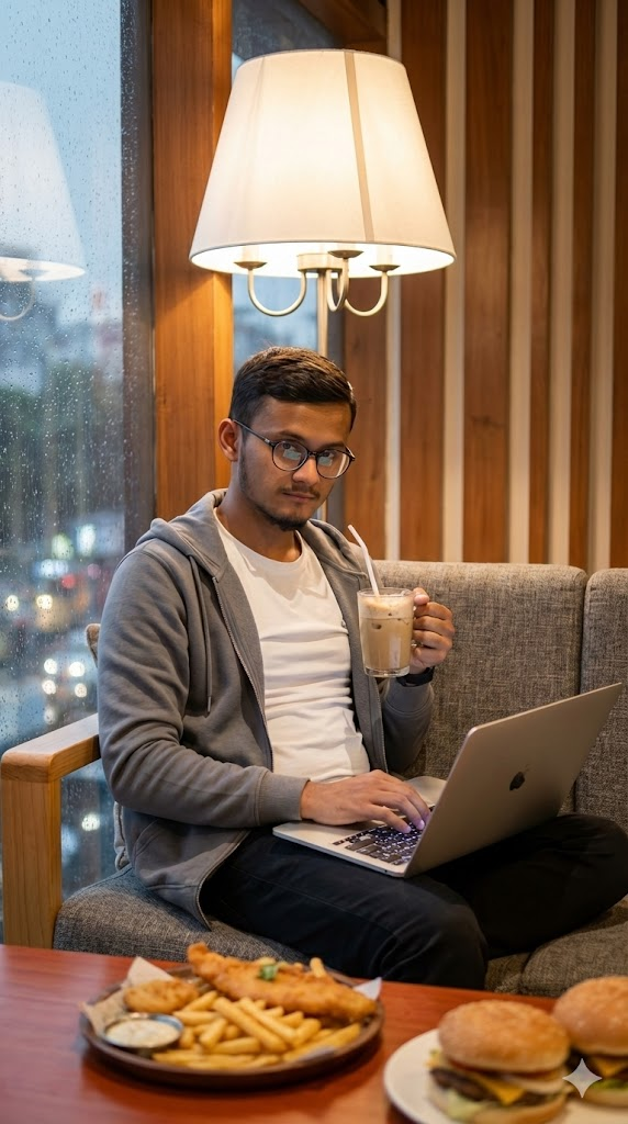 Cozy Café Laptop Portrait - Nano Banana AI Prompt