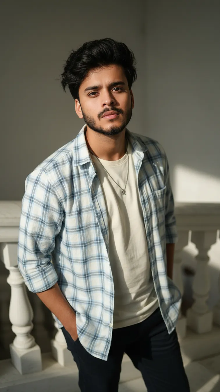 8K High-Angle Fashion: Man on Marble Stairs - Nano Banana AI Prompt