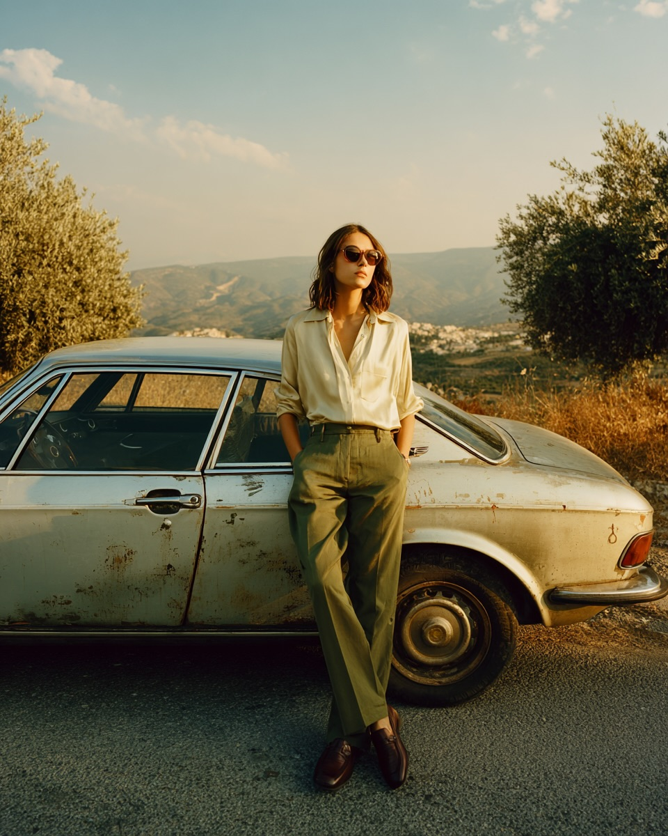 1970s Gucci Model, Vintage Car, Mediterranean Golden Hour - Nano Banana AI Prompt