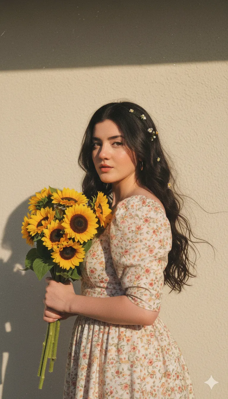 Retro Floral Dream: Mysterious Sunflower Girl AI Art - Nano Banana AI Prompt