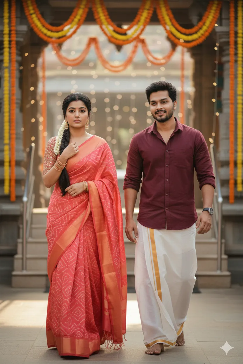 Indian Couple in Festive Temple Attire at Golden Hour - Nano Banana AI Prompt