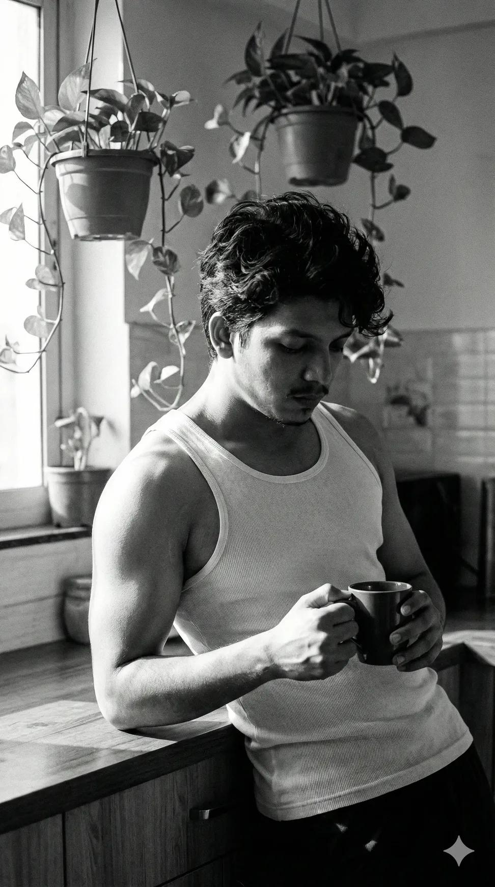 Black &amp; White Photo: Handsome Man in Kitchen with Coffee - Nano Banana AI Prompt