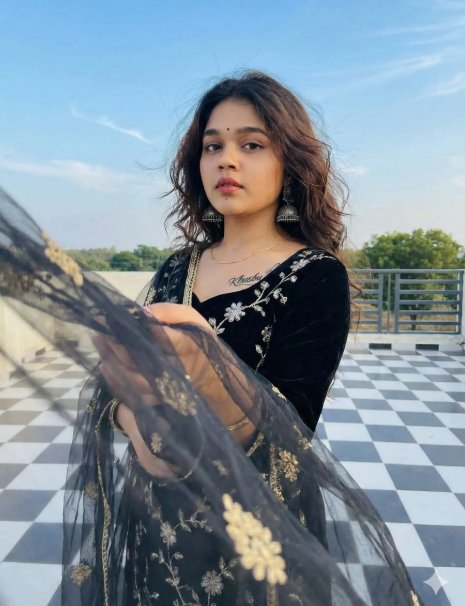 South Asian Woman in Velvet Kurta with Dupatta on Rooftop - Nano Banana AI Prompt