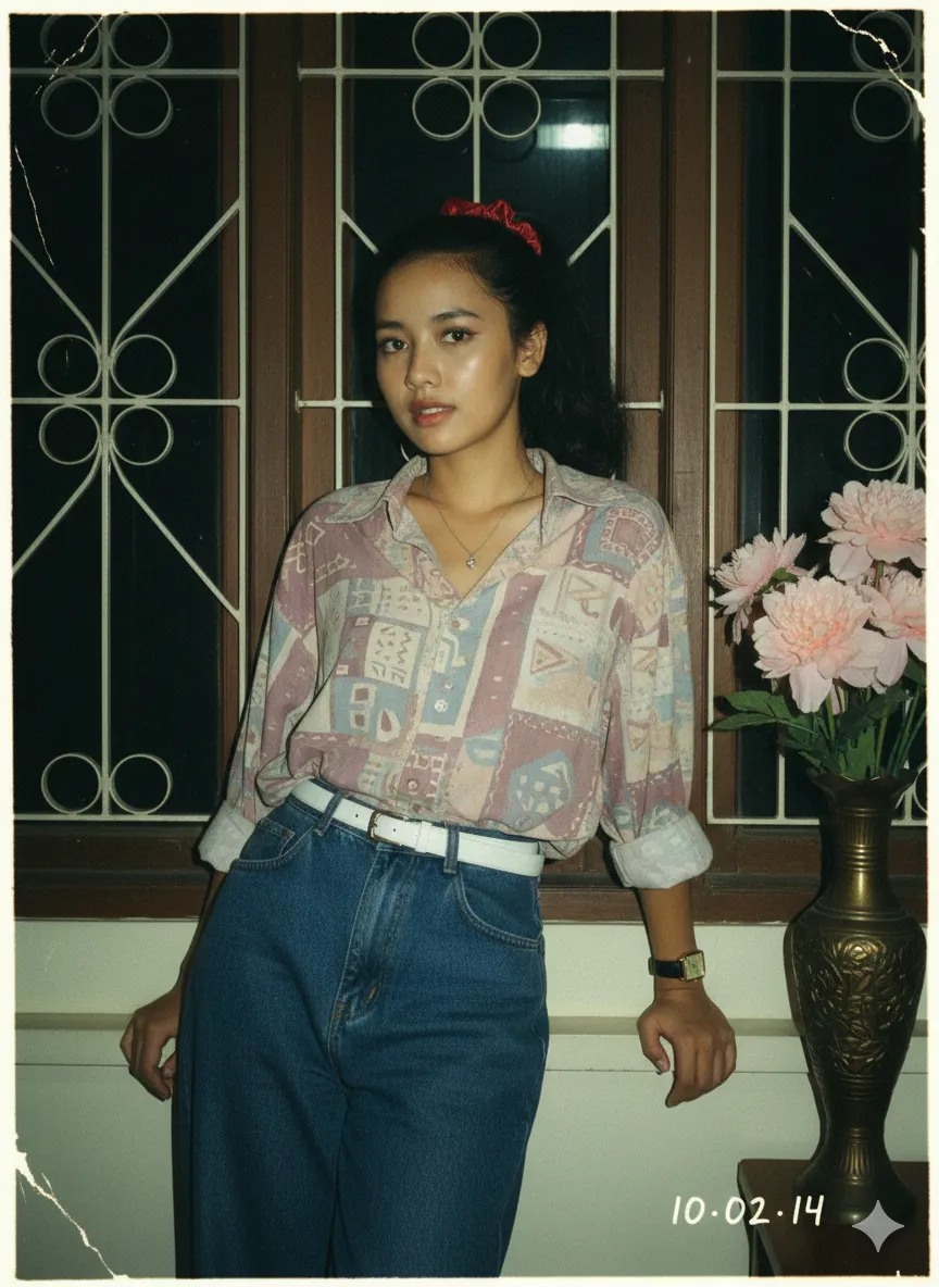 1980s Nostalgic Photo of Woman in Retro Home - Nano Banana AI Prompt